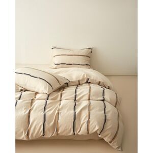 Faith Cotton Linen Striped Duvet Cover Set Brown Queen Top Grade & Natural